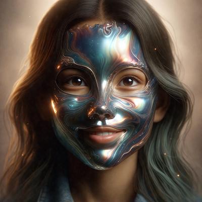 The primary subject of the image is a woman wearing a silver mask. The setting is a room with a backdrop of a wall. The visual style is digital art, as the woman's face is depicted with a metallic texture. The colors in the image are predominantly silver and blue, creating a futuristic and mysterious atmosphere.